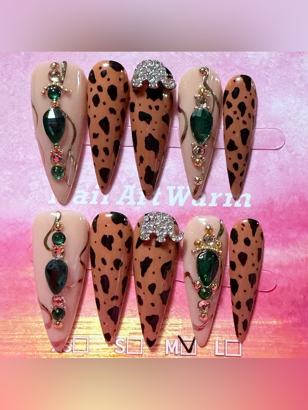 Nude & Leopard Stiletto Press-On Nails with Emerald Accents